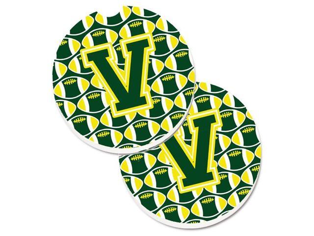 Carolines Treasures CJ1075-VCARC Letter V Football Green & Yellow Set of 2 Cup Holder Car Coaster