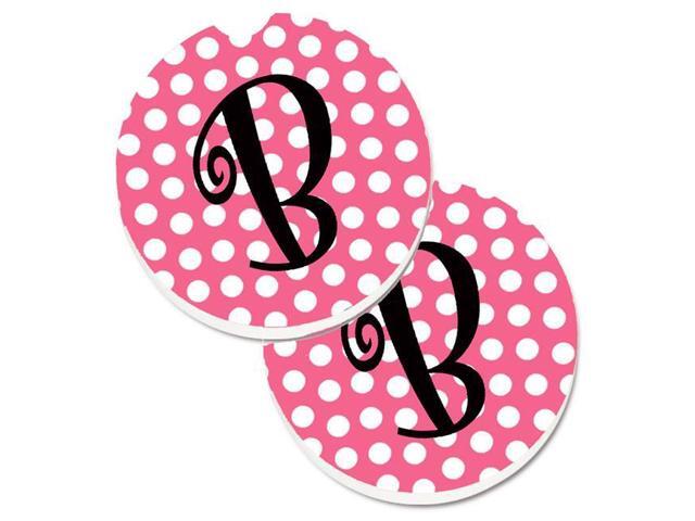 Carolines Treasures CJ1001-BCARC Letter B Monogram Pink & Black Polka Dots Set of 2 Cup Holder Car Coaster