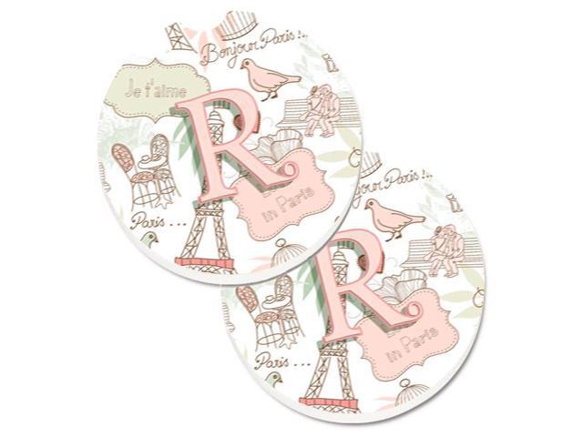 Carolines Treasures CJ2002-RCARC Letter R Love in Paris Pink Set of 2 Cup Holder Car Coaster
