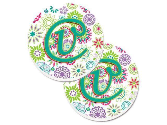 Carolines Treasures CJ2011-VCARC Letter V Flowers Pink & Teal Green Initial Set of 2 Cup Holder Car Coaster