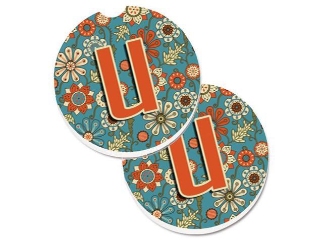 Carolines Treasures CJ2012-UCARC Letter U Flowers Retro Blue Set of 2 Cup Holder Car Coaster