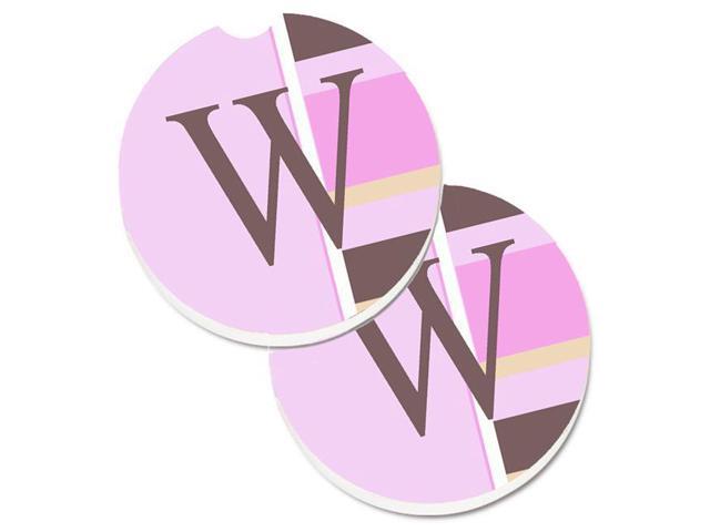 Carolines Treasures CJ1005-WCARC Letter W Initial Monogram Pink Stripes Set of 2 Cup Holder Car Coaster