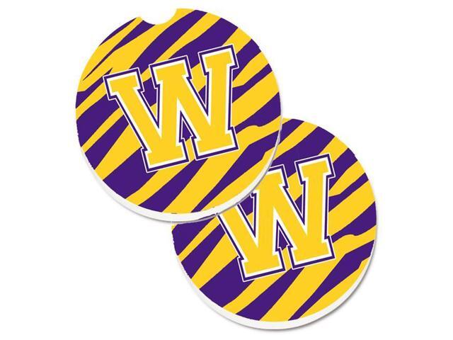 Carolines Treasures CJ1022-WCARC Letter W Monogram Tiger Stripe Purple & Gold Set of 2 Cup Holder Car Coaster
