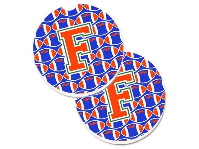 Carolines Treasures CJ1083-FCARC Letter F Football Green with Blue & Orange Set of 2 Cup Holder Car Coaster