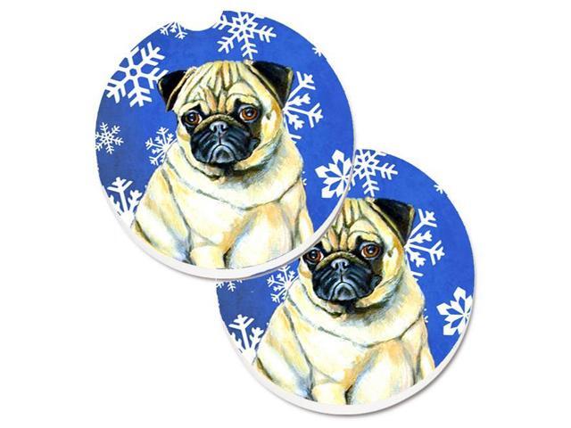 Carolines Treasures LH9297CARC Pug Winter Snowflakes Holiday Set of 2 Cup Holder Car Coaster