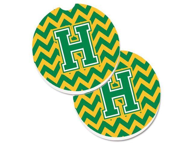 Carolines Treasures CJ1059-HCARC Letter H Chevron Green & Gold Set of 2 Cup Holder Car Coaster