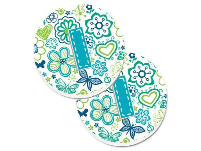 Carolines Treasures CJ2006-ICARC Letter I Flowers & Butterflies Teal Blue Set of 2 Cup Holder Car Coaster