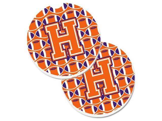 Carolines Treasures CJ1072-HCARC Letter H Football Orange with White & Regalia Set of 2 Cup Holder Car Coaster