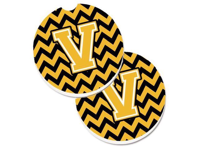 Carolines Treasures CJ1053-VCARC Letter V Chevron Black & Gold Set of 2 Cup Holder Car Coaster