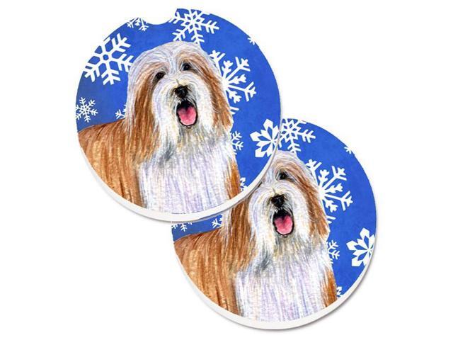 Carolines Treasures LH9285CARC Bearded Collie Winter Snowflakes Holiday Set of 2 Cup Holder Car Coaster