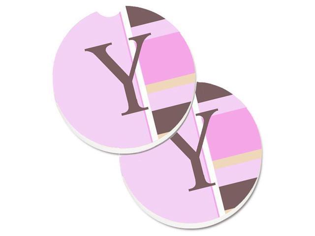 Carolines Treasures CJ1005-YCARC Letter Y Initial Monogram Pink Stripes Set of 2 Cup Holder Car Coaster