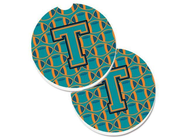 Carolines Treasures CJ1063-TCARC Letter T Football Aqua with Orange & Marine Blue Set of 2 Cup Holder Car Coaster