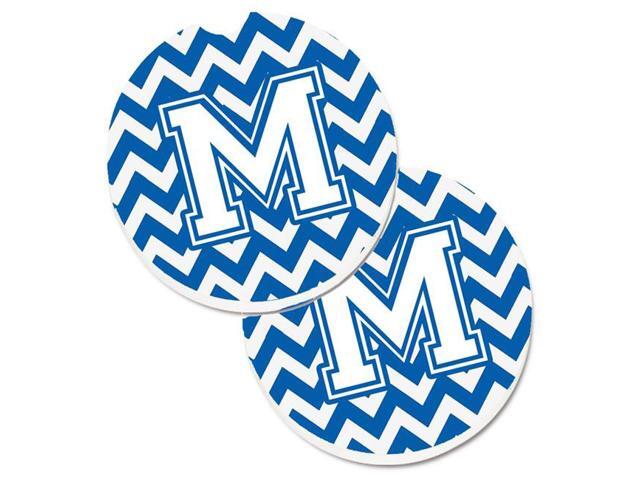 Carolines Treasures CJ1045-MCARC Letter M Chevron Blue & White Set of 2 Cup Holder Car Coaster