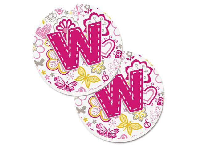 Carolines Treasures CJ2005-WCARC Letter W Flowers & Butterflies Pink Set of 2 Cup Holder Car Coaster