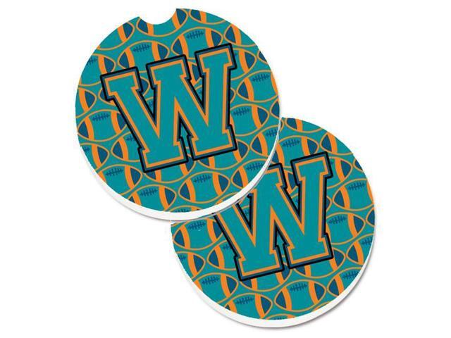 Carolines Treasures CJ1063-WCARC Letter W Football Aqua with Orange & Marine Blue Set of 2 Cup Holder Car Coaster