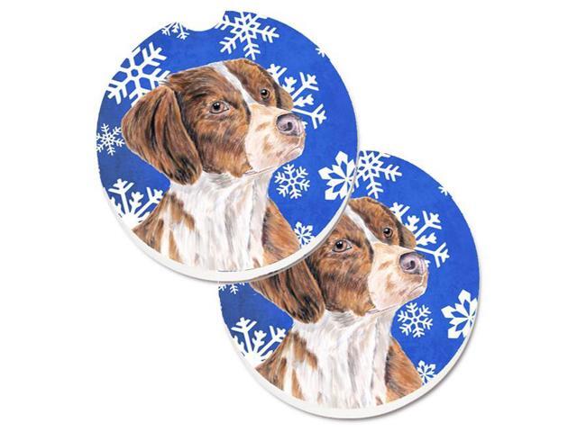 Carolines Treasures SC9389CARC Brittany Winter Snowflakes Holiday Set of 2 Cup Holder Car Coaster