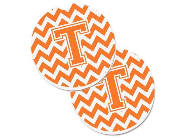 Carolines Treasures CJ1046-TCARC Letter T Chevron Orange & White Set of 2 Cup Holder Car Coaster
