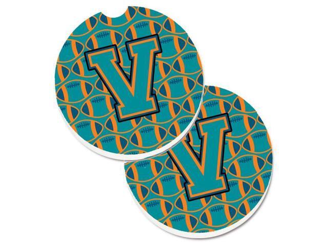 Carolines Treasures CJ1063-VCARC Letter V Football Aqua with Orange & Marine Blue Set of 2 Cup Holder Car Coaster