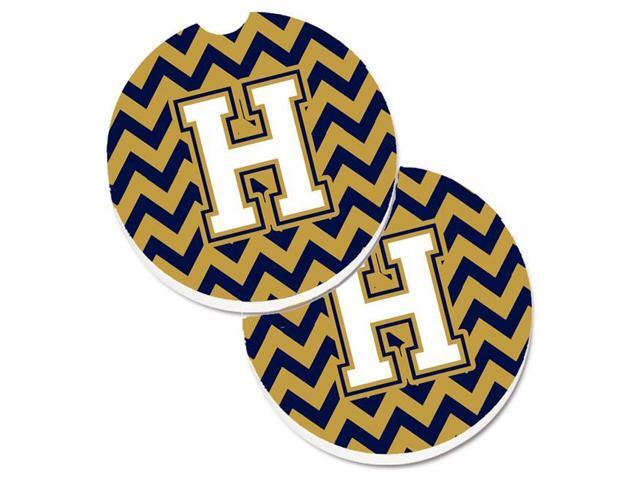 Carolines Treasures CJ1057-HCARC Letter H Chevron Navy Blue & Gold Set of 2 Cup Holder Car Coaster