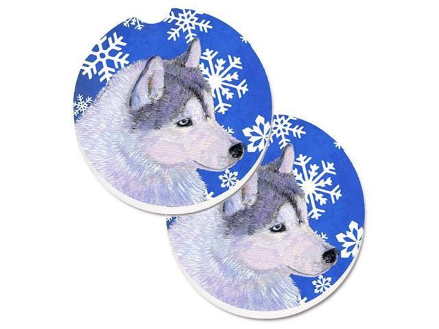 Carolines Treasures SS4602CARC Siberian Husky Winter Snowflakes Holiday Set of 2 Cup Holder Car Coaster