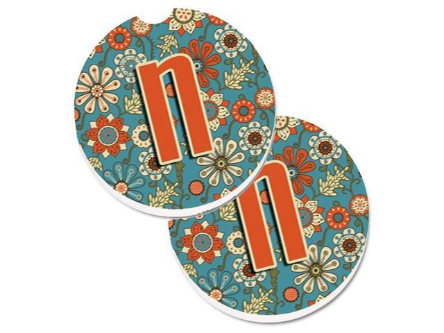 Carolines Treasures CJ2012-NCARC Letter N Flowers Retro Blue Set of 2 Cup Holder Car Coaster