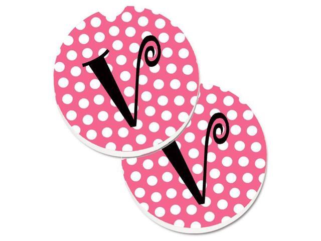 Carolines Treasures CJ1001-VCARC Letter V Monogram Pink & Black Polka Dots Set of 2 Cup Holder Car Coaster