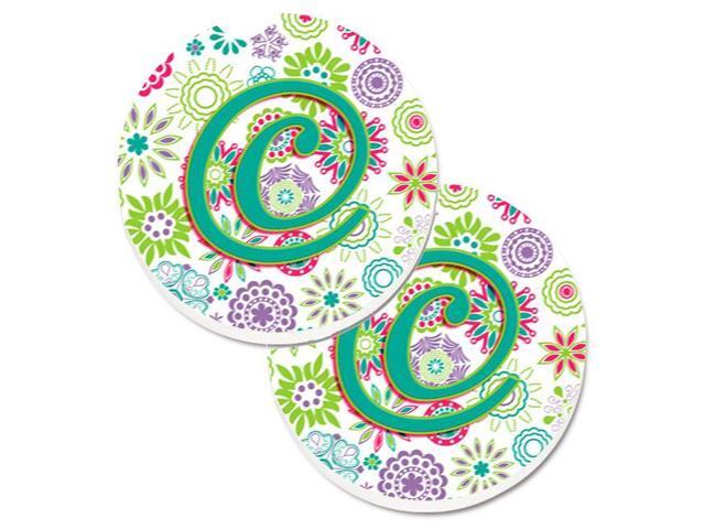 Carolines Treasures CJ2011-CCARC Letter C Flowers Pink & Teal Green Initial Set of 2 Cup Holder Car Coaster