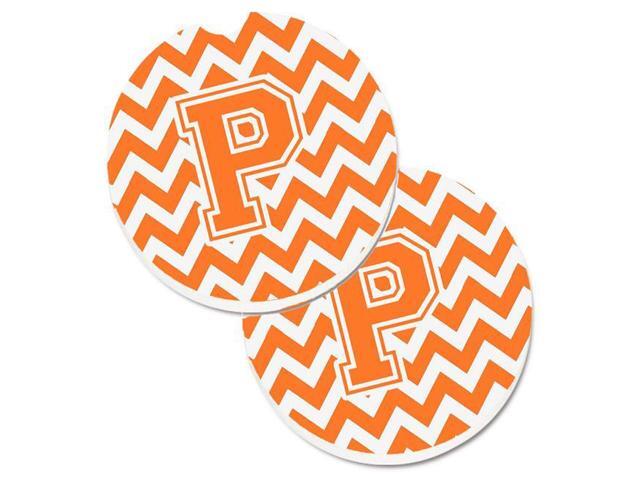 Carolines Treasures CJ1046-PCARC Letter P Chevron Orange & White Set of 2 Cup Holder Car Coaster