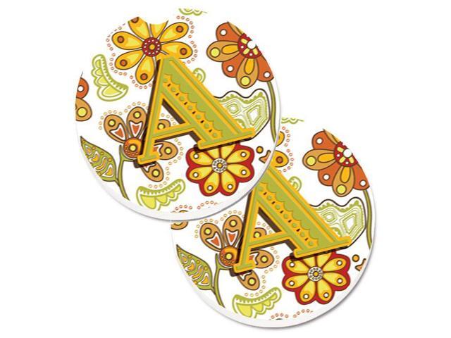 Carolines Treasures CJ2003-ACARC Letter A Floral Mustard & Green Set of 2 Cup Holder Car Coaster