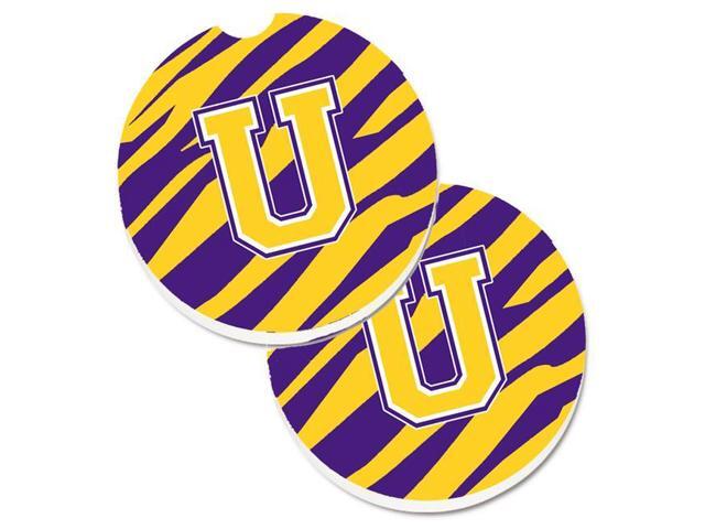 Carolines Treasures CJ1022-UCARC Letter U Monogram Tiger Stripe Purple & Gold Set of 2 Cup Holder Car Coaster