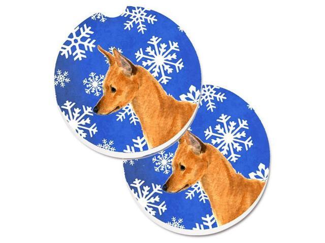 Carolines Treasures SS4604CARC Min Pin Winter Snowflakes Holiday Set of 2 Cup Holder Car Coaster