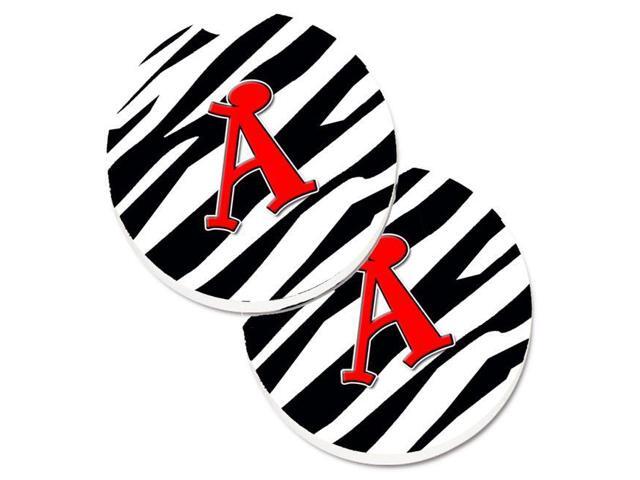 Carolines Treasures CJ1024-ACARC Letter A Monogram Zebra Stripe & Red Set of 2 Cup Holder Car Coaster