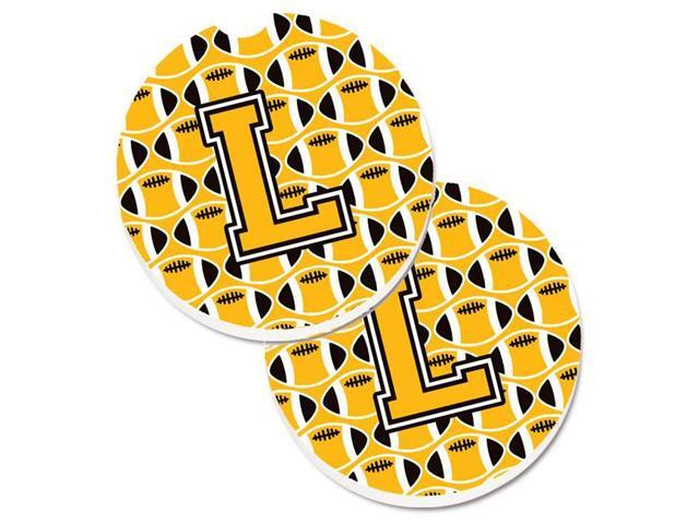 Carolines Treasures CJ1080-LCARC Letter L Football Black with Old Gold & White Set of 2 Cup Holder Car Coaster