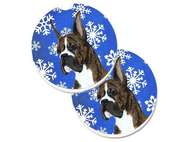 Carolines Treasures SS4646CARC Boxer Winter Snowflakes Holiday Set of 2 Cup Holder Car Coaster