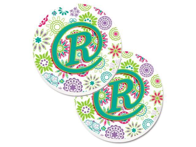 Carolines Treasures CJ2011-RCARC Letter R Flowers Pink & Teal Green Initial Set of 2 Cup Holder Car Coaster