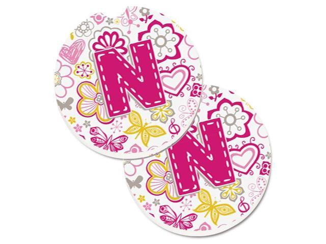 Carolines Treasures CJ2005-NCARC Letter N Flowers & Butterflies Pink Set of 2 Cup Holder Car Coaster