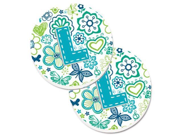 Carolines Treasures CJ2006-LCARC Letter L Flowers & Butterflies Teal Blue Set of 2 Cup Holder Car Coaster