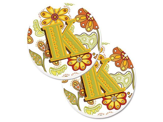 Carolines Treasures CJ2003-KCARC Letter K Floral Mustard & Green Set of 2 Cup Holder Car Coaster