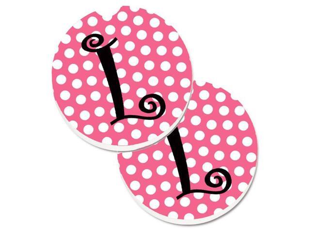 Carolines Treasures CJ1001-LCARC Letter L Monogram Pink & Black Polka Dots Set of 2 Cup Holder Car Coaster