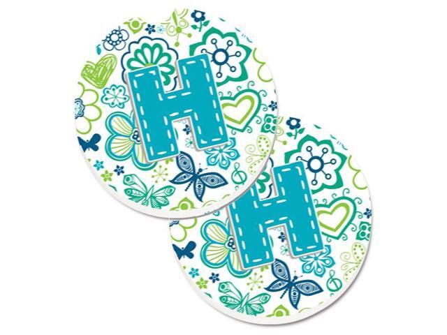 Carolines Treasures CJ2006-HCARC Letter H Flowers & Butterflies Teal Blue Set of 2 Cup Holder Car Coaster