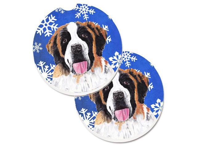 Carolines Treasures SC9382CARC Saint Bernard Winter Snowflakes Holiday Set of 2 Cup Holder Car Coaster
