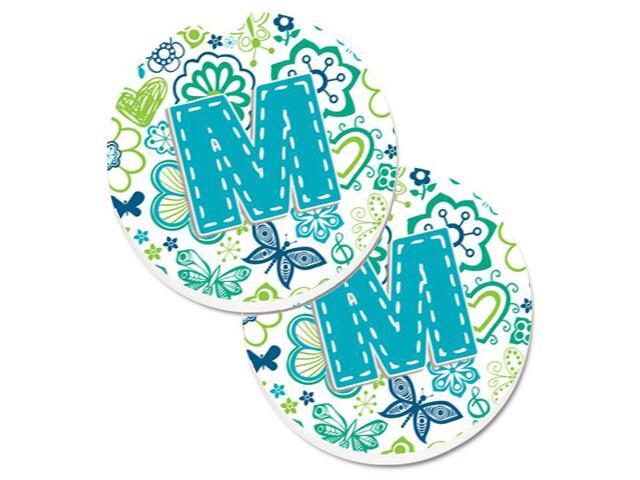 Carolines Treasures CJ2006-MCARC Letter M Flowers & Butterflies Teal Blue Set of 2 Cup Holder Car Coaster