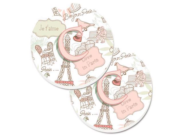 Carolines Treasures CJ2002-CCARC Letter C Love in Paris Pink Set of 2 Cup Holder Car Coaster