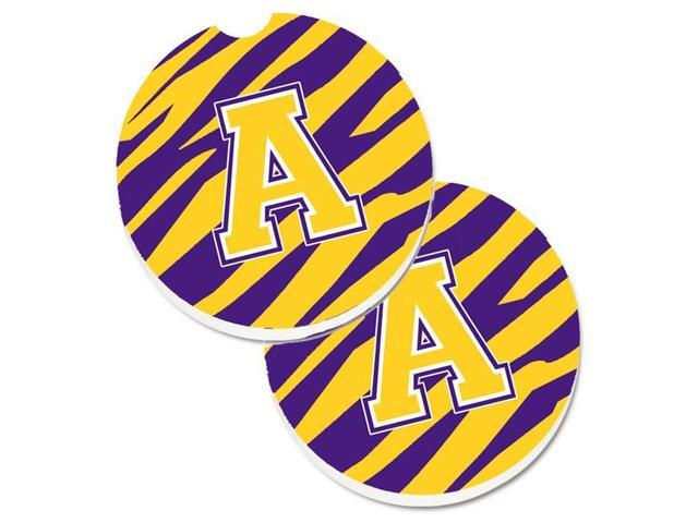 Carolines Treasures CJ1022-ACARC Letter A Monogram Tiger Stripe Purple & Gold Set of 2 Cup Holder Car Coaster