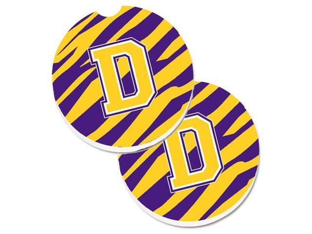 Carolines Treasures CJ1022-DCARC Letter D Monogram Tiger Stripe Purple & Gold Set of 2 Cup Holder Car Coaster