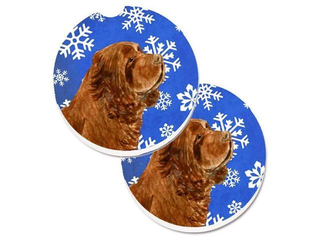 Carolines Treasures SS4648CARC Sussex Spaniel Winter Snowflakes Holiday Set of 2 Cup Holder Car Coaster