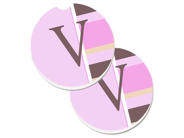 Carolines Treasures CJ1005-VCARC Letter V Initial Monogram Pink Stripes Set of 2 Cup Holder Car Coaster