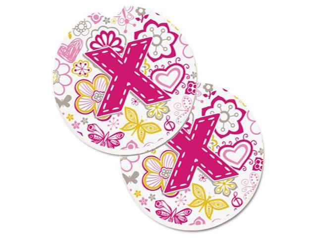Carolines Treasures CJ2005-XCARC Letter X Flowers & Butterflies Pink Set of 2 Cup Holder Car Coaster