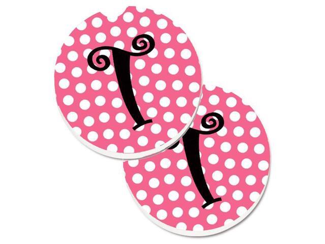 Carolines Treasures CJ1001-TCARC Letter T Monogram Pink & Black Polka Dots Set of 2 Cup Holder Car Coaster