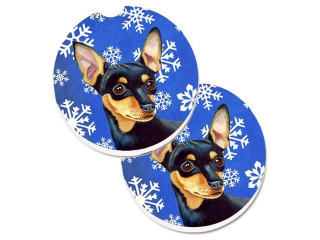 Carolines Treasures LH9290CARC Min Pin Winter Snowflakes Holiday Set of 2 Cup Holder Car Coaster